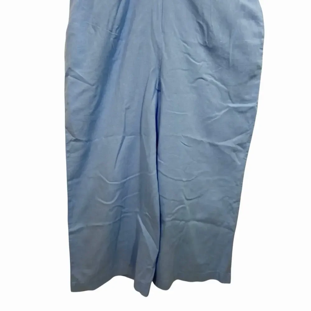 Zara Cottagecore Linen Blend Blue Cutout Wide Leg Romper Sz L Ruffle and Cut-Out
